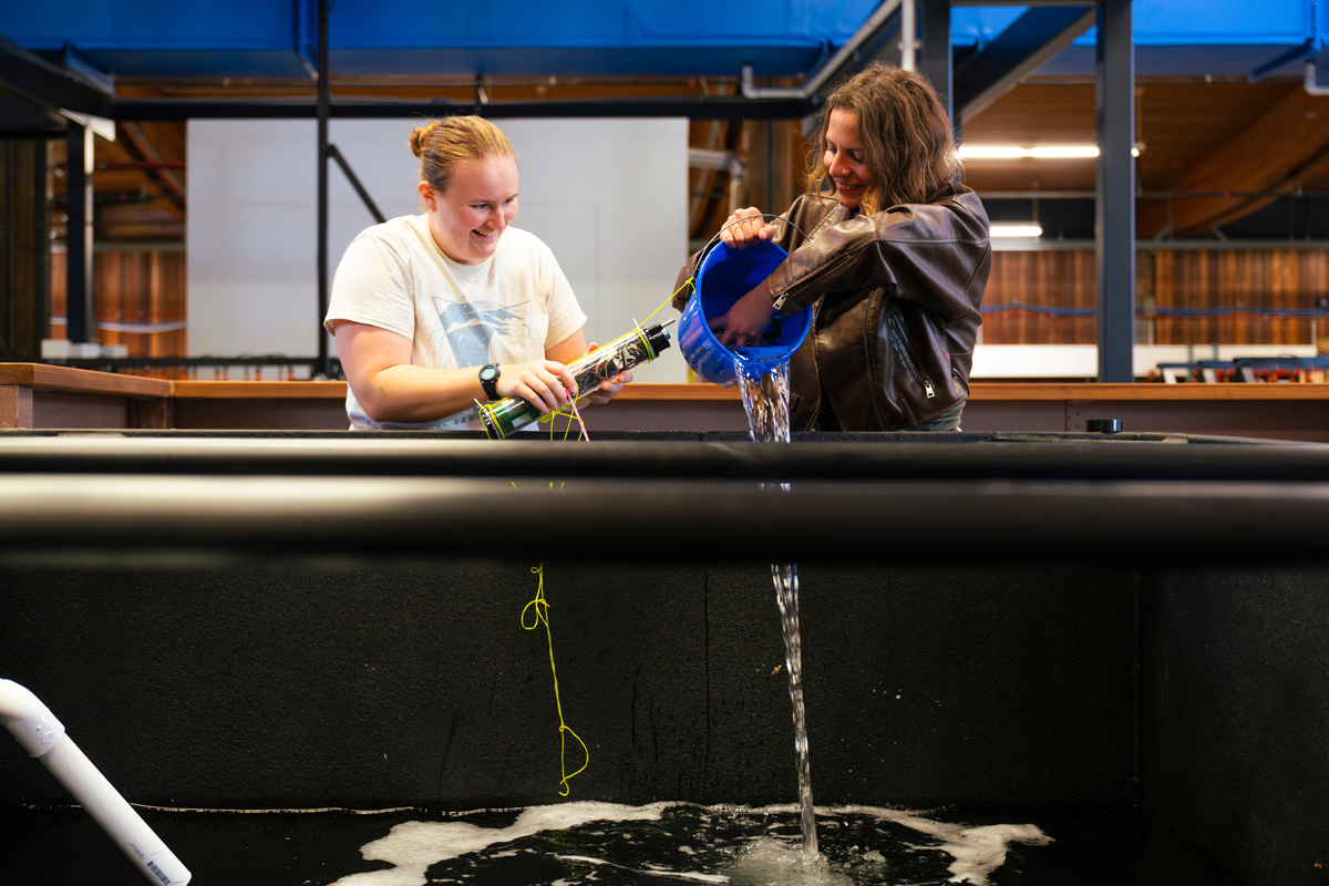 Two students holding equipment and pouring water into a test tank