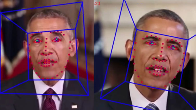 Two photos of President Obama are side-by-side. They have blue boxes and red dots over his face