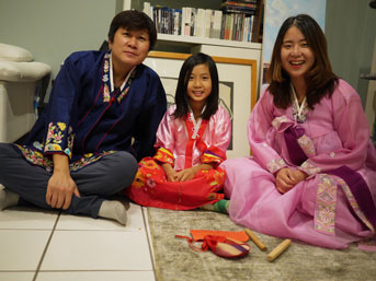 Family wearing hanbok for Lunar New Year