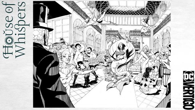 Inked pages from “House of Whispers.” In this scene, Erzulie holds a party for her believers.