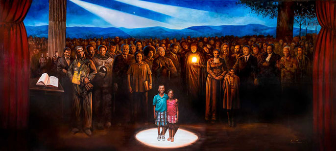 Black Legacy Mural featuring historical figures standing behind young children