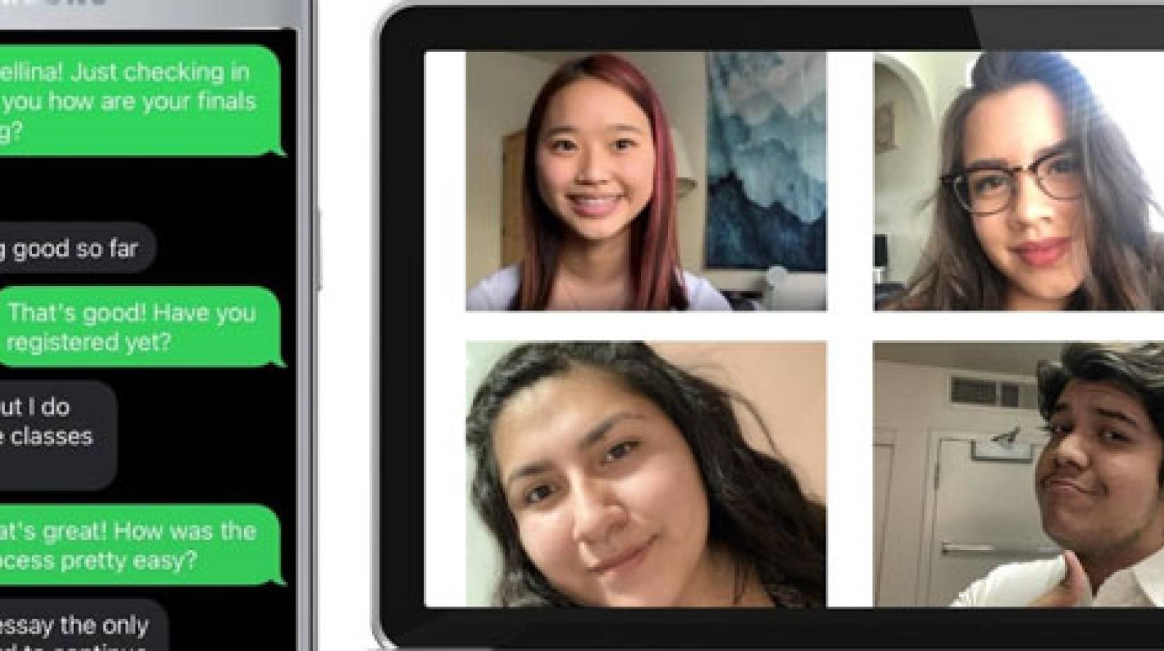 Texts from mentor-mentee and video chat squares side-by-side