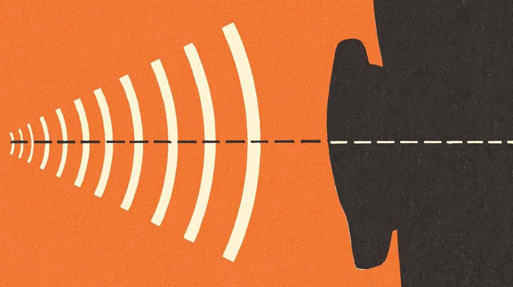 a stylized illustration of sound waves moving toward a human ear