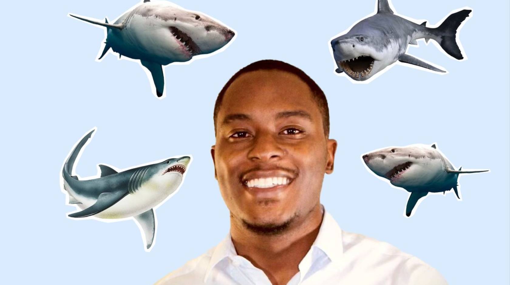 Young African American man De'Marcus Robinson, smiling, in the center of a shark collage