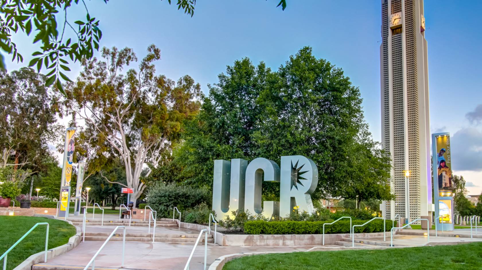 UC Riverside UCR sign and bell tower