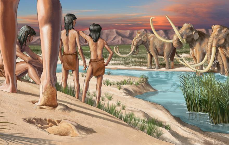 An artist's concept of early human children living and playing on the margins of a wetland is what is today New Mexico.