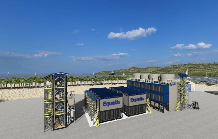 A rendering of a carbon removal plant in front of a beach and ocean