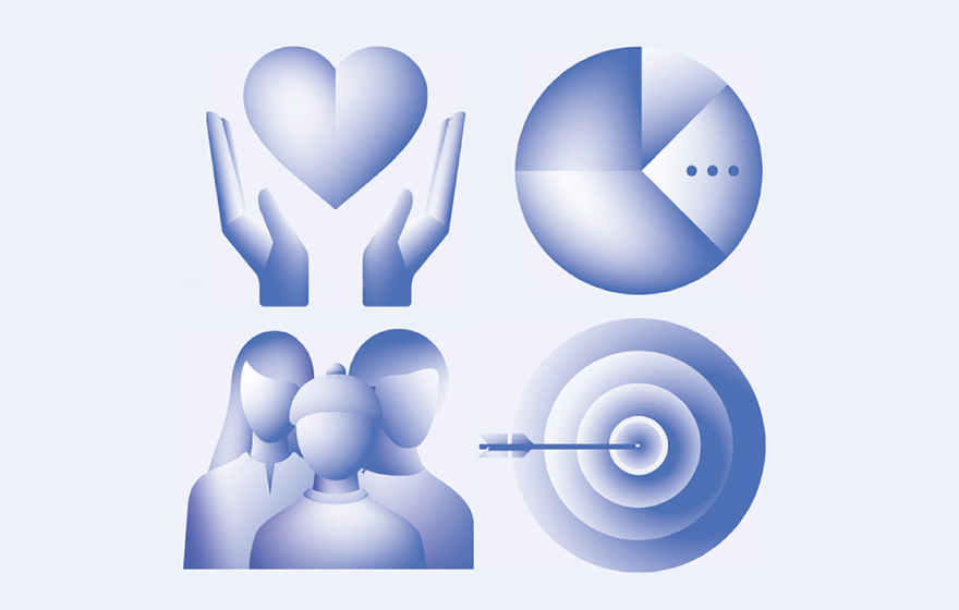 Four-part illustration of a hand holding a heart, a pie chart, a group of three people, and an arrow hitting a target