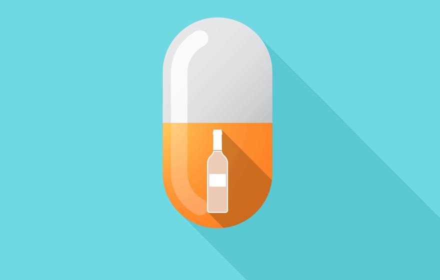 An illustration of an orange and white pill, with a bottle of alcohol inside, on a light teal background