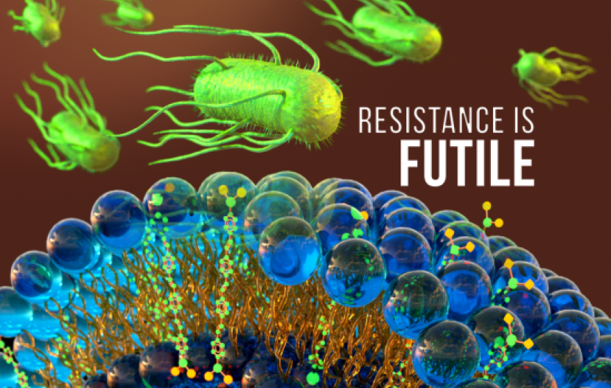 Visualization of bacteria harassed by an antibiotic with the words Resistance is Futile on the right side of the image
