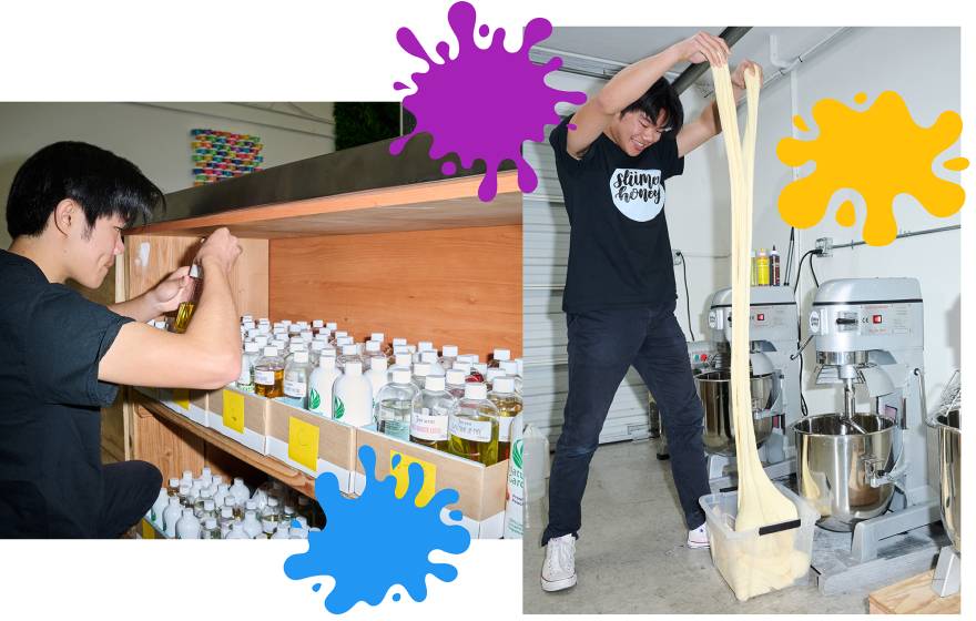On the right, a young man of Asian descent, Mark Lin, looks at small bottles; on the left, Mark Lin pulls the goopy substance he has created all the way up to his height in a garage; cute splatters are designed on top of the photo