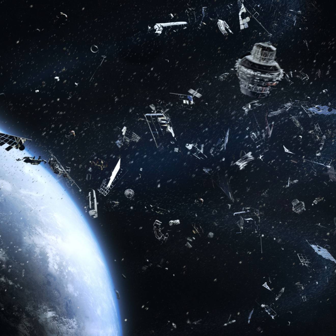 Artist's rendering of a cloud of metal scrap floating in orbit above earth, seen from space
