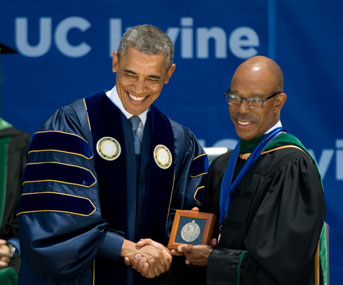 President Obama with then-UC Irvine Chancellor Drake at 2014 UC Irvine commencement
