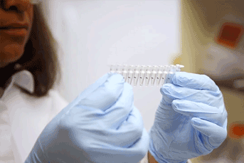 Researcher holding small test tubes