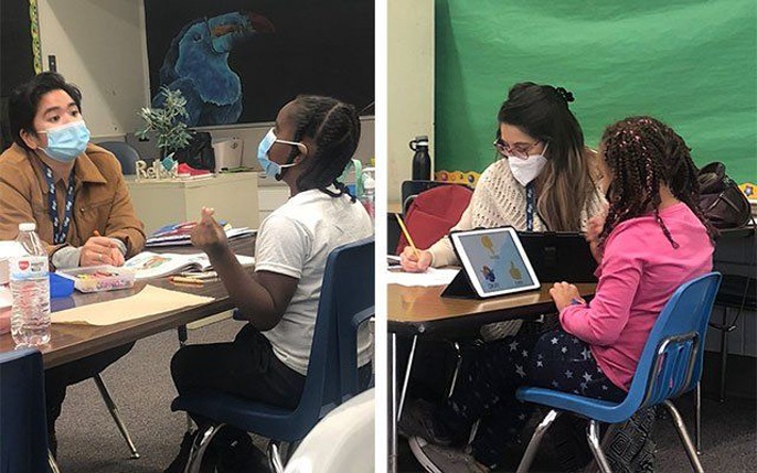 Proctors in masks giving assessment tests to students, two photos side-by-side