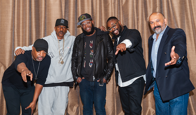 Left to right: Hip-hop legends Chuck D, Rakim and Talib Kweli, curator and journalist Tyree Boyd-Pates, and UCLA’s H. Samy Alim at an event at the California African American Museum co-sponsored by the Hip Hop Studies Working Group at UCLA.