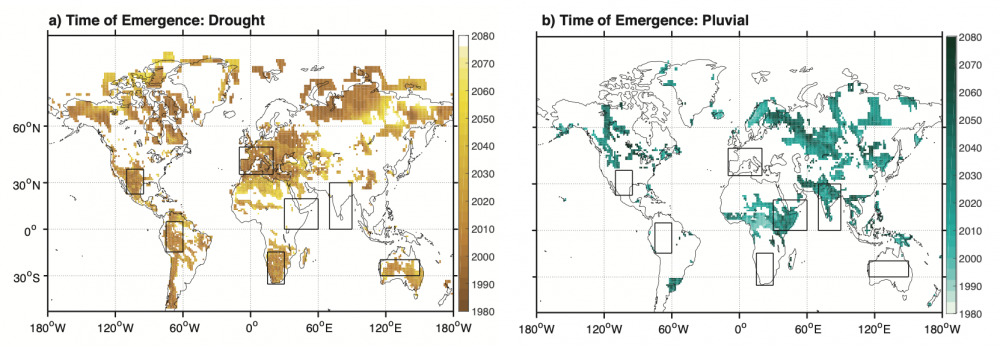 Time of emergence maps side by side, one for drought one for pluvial conditions