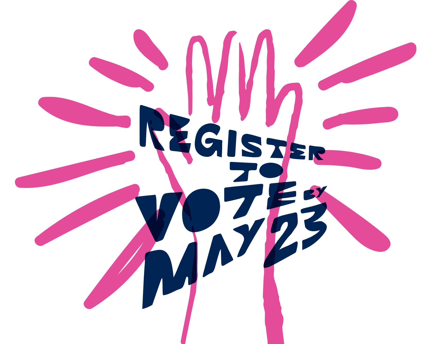Illustration of a hand with the words "Register to vote May 23"
