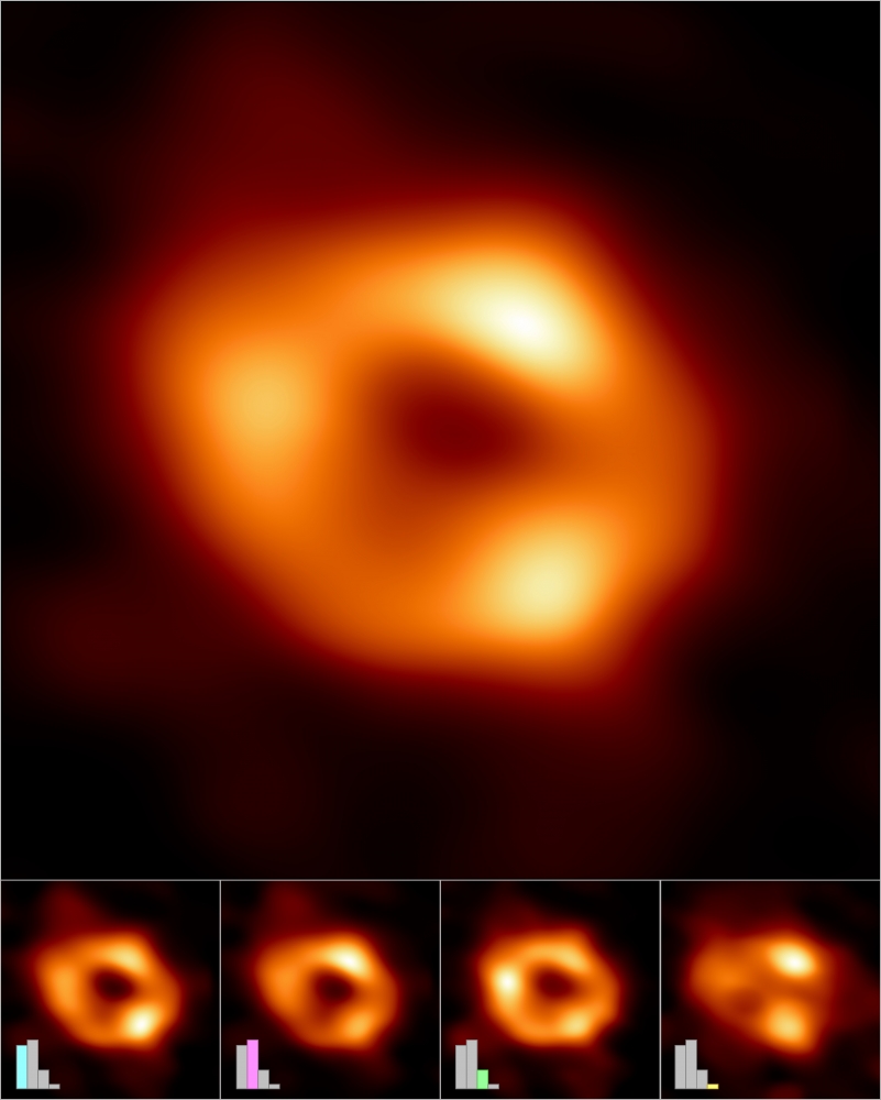 Making of the image of the black hole at the center of the Milky Way, one large image of a fiery ball on top of four small images of a fiery ball