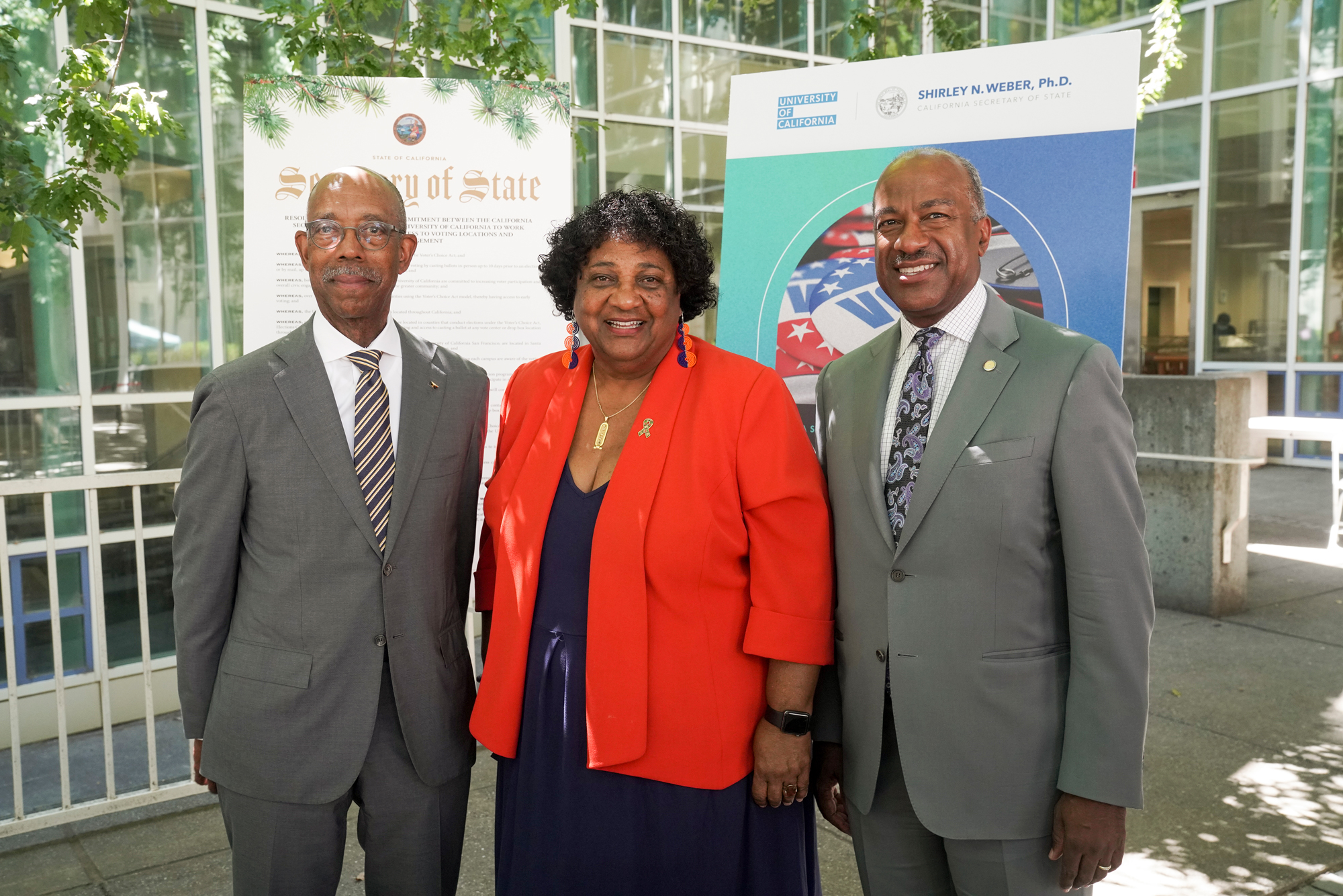 UC President Drake, California Secretary of State Weber and UC Davis Chancellor May.