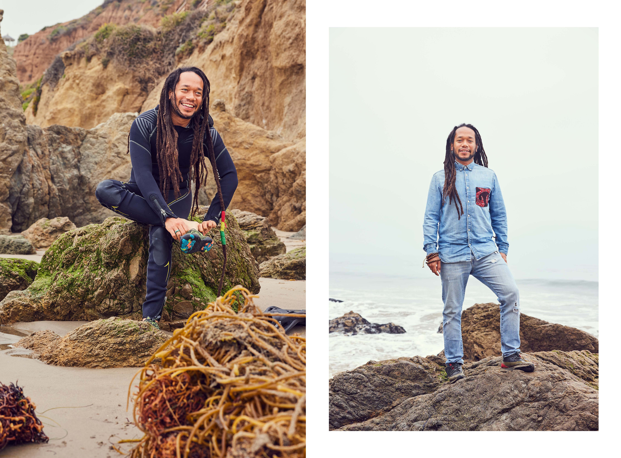 Justin Dunnevant on the beach, two photos next to one another