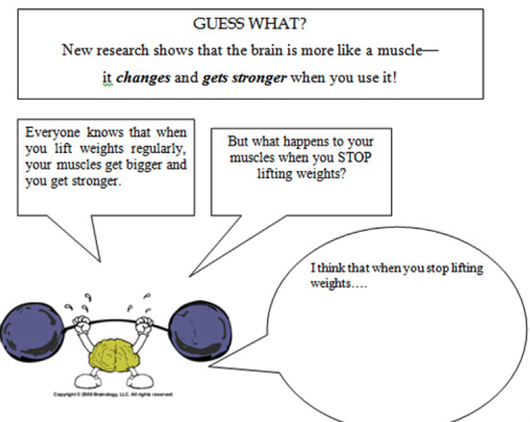 Illustration that shows a brain weightlifting and explaining how the brain is like a muscle