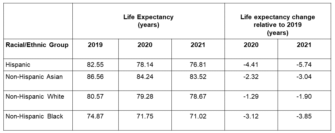 A simple chart showing life expectancy and life expectancy change by race/ethnic group