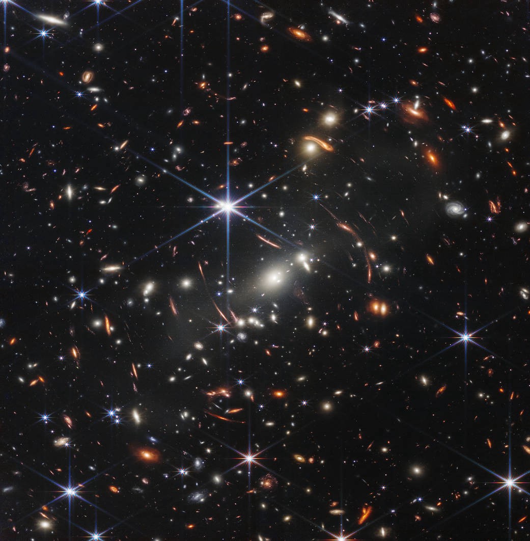 Faraway galaxy cluster, bright spots on a black sky