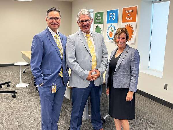 Left to right: UC Merced Chancellor Juan Sánchez Muñoz, Professor Joshua Viers and Interim Vice Chancellor for Research Marjorie Zatz