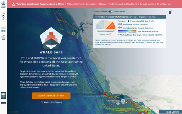 Whale Safe dashboard screenshot with a coastal map as its background