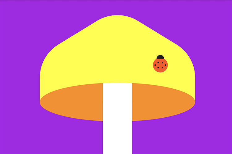 Illustration of a yellow mushroom on a purple background with a lady bug on it