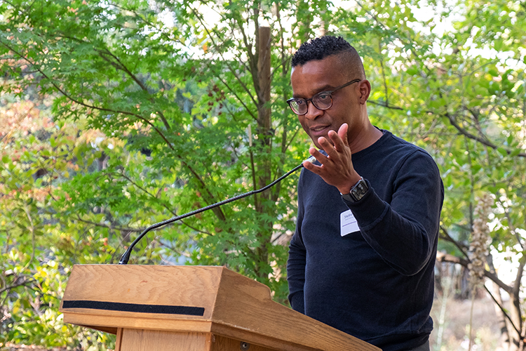 Young African-American man Stephen Best at a lectern