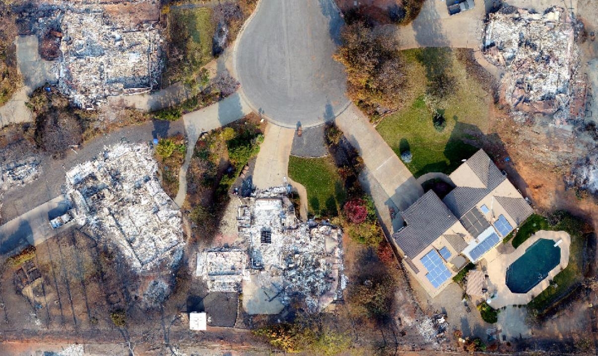 Aerial view of cul de sac damaged by the Camp Fire