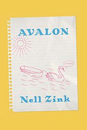 Yellow book cover with a white sheet of notebook paper with a sun, rowboat and a swan on it -- Avalon book cover