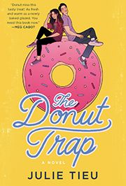 A young Asian man and woman sitting back to back on top of a donut -- The Donut Trap book cover