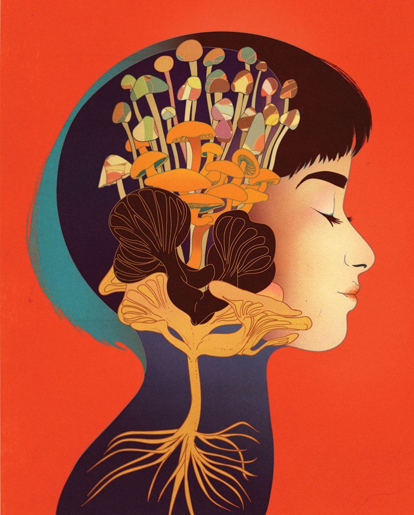 Illustration of a young woman with mushrooms growing from her nervous system
