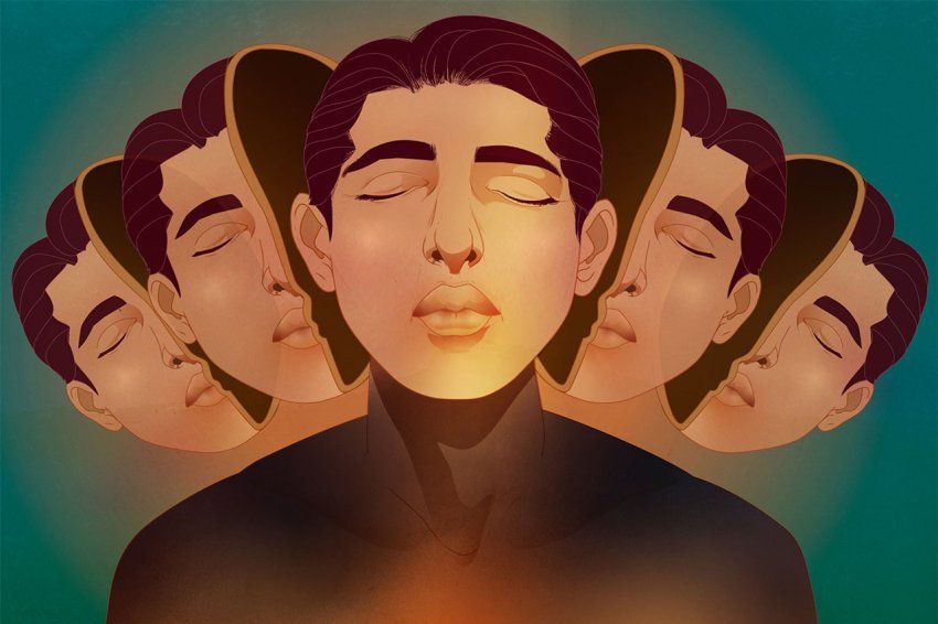 Illustration of a man with eyes closed with two other versions of his own head on either side