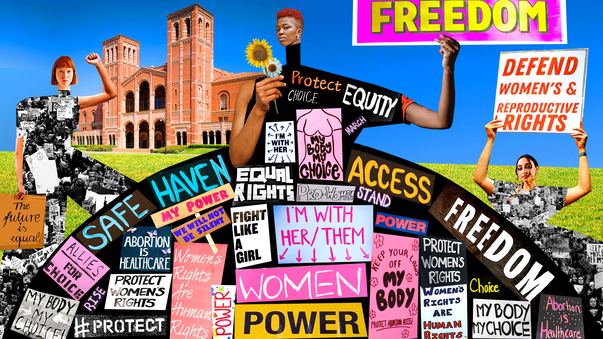 Collage of people protesting and a number of protest signs about equal rights on the UCLA campus