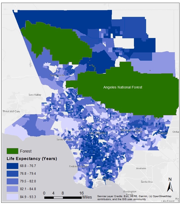 Map of life expectancy estimates for Los Angeles County by census tracts.