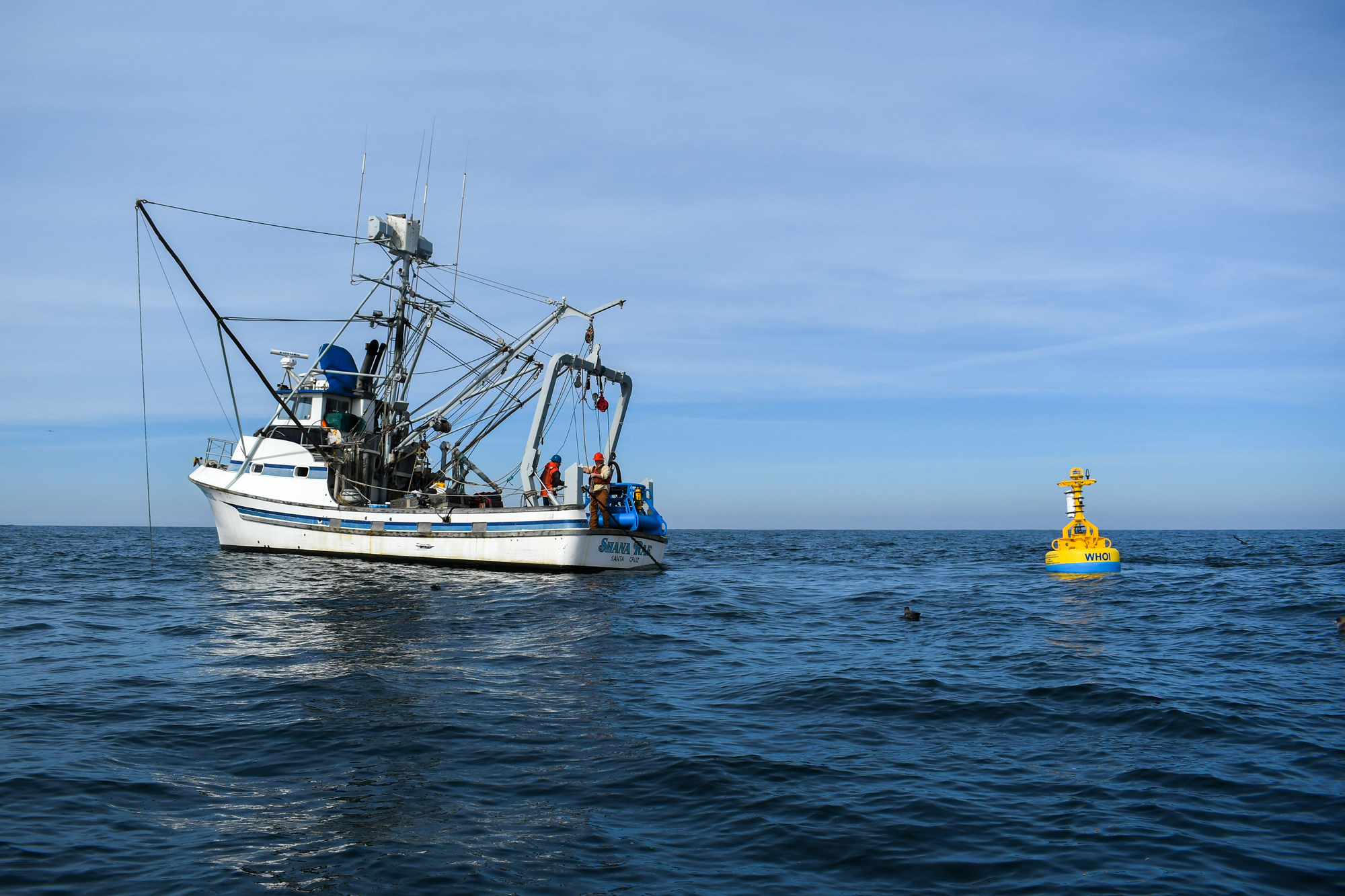 Scientists boat away, having dropped off an acoustic buoy used by Whale Safe in the San Francisco Bay