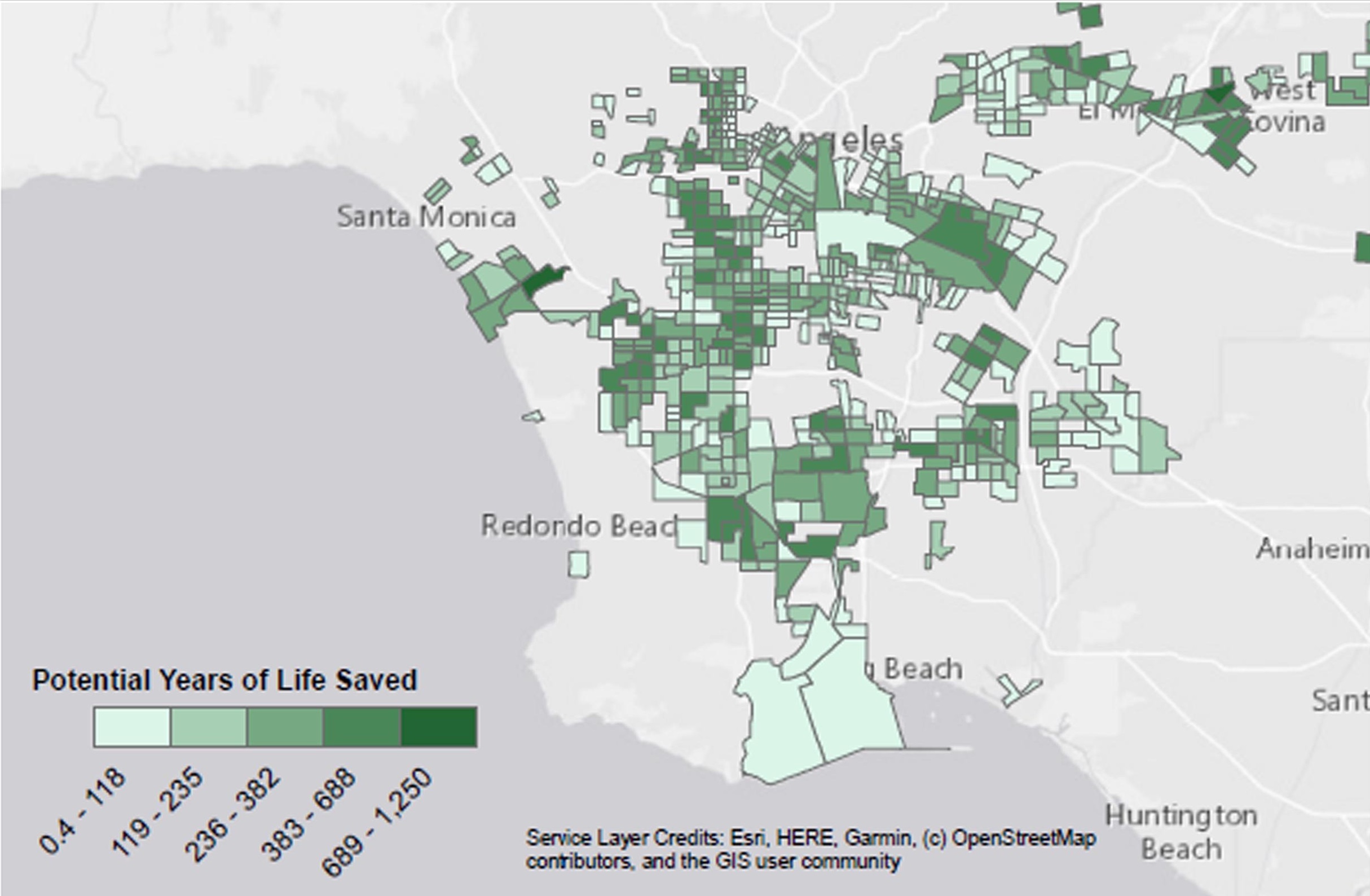 Potential years of life saved from added park space in greenness-deprived census tracts in the southern portion of Los Angeles County.