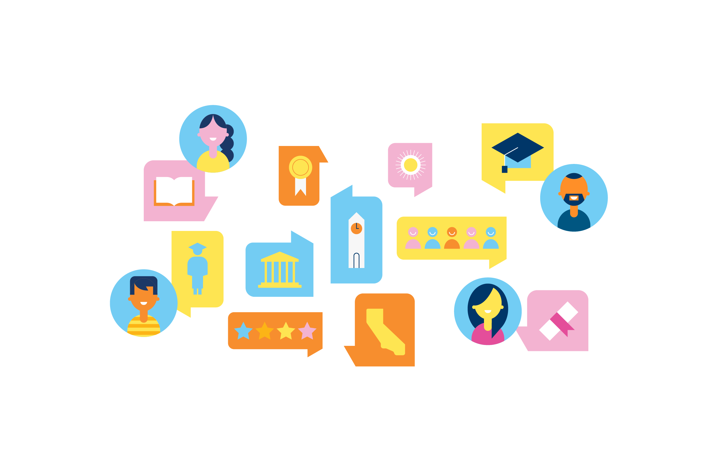 Icons of schools, California, caps, books and students signifying education arranged on a white background