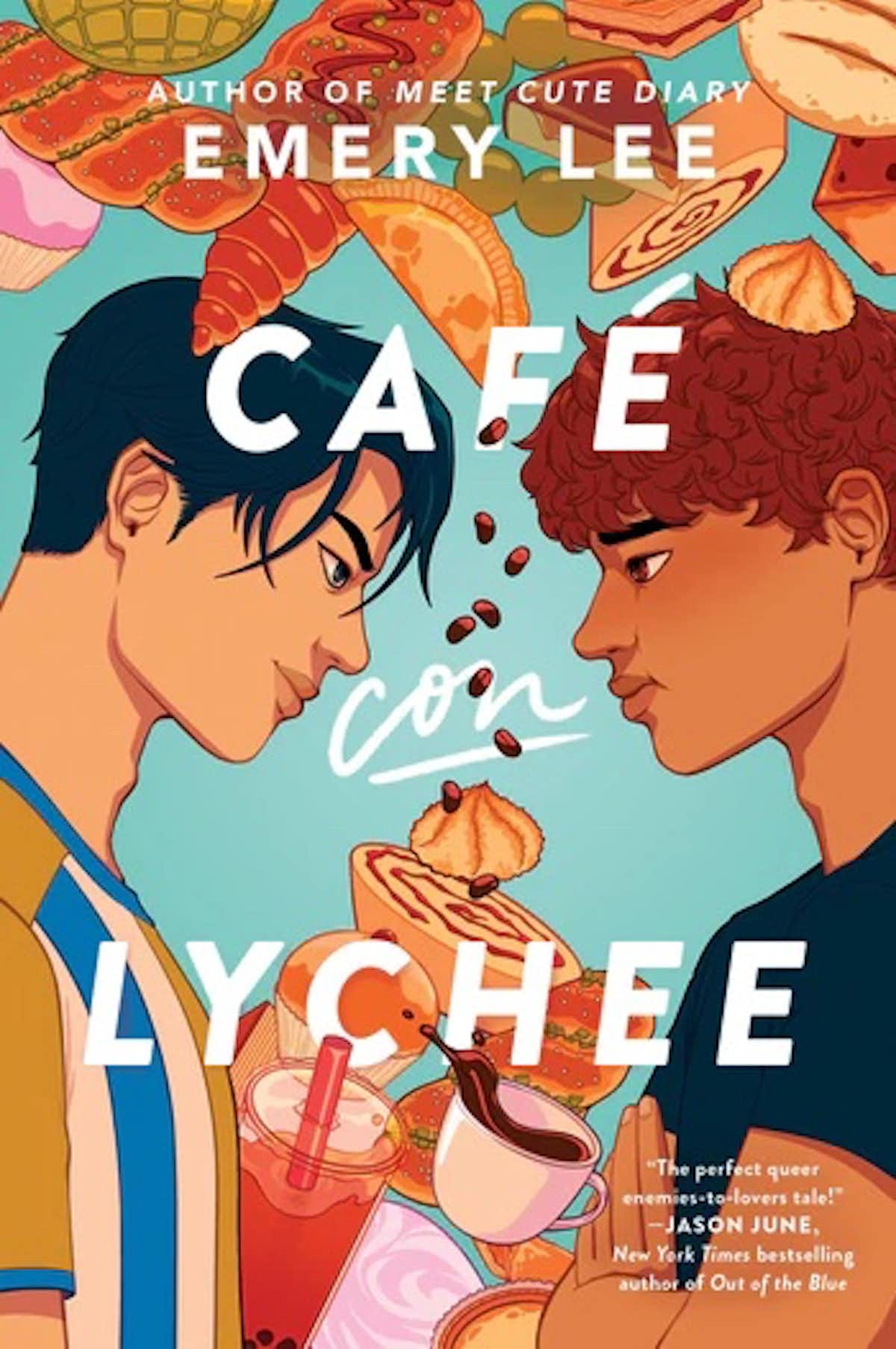 Two male-presenting teens of color on a book cover with drinks and fruit around them