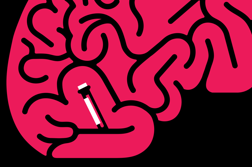 Illustration of a red brain with a blood titer in it on a black background