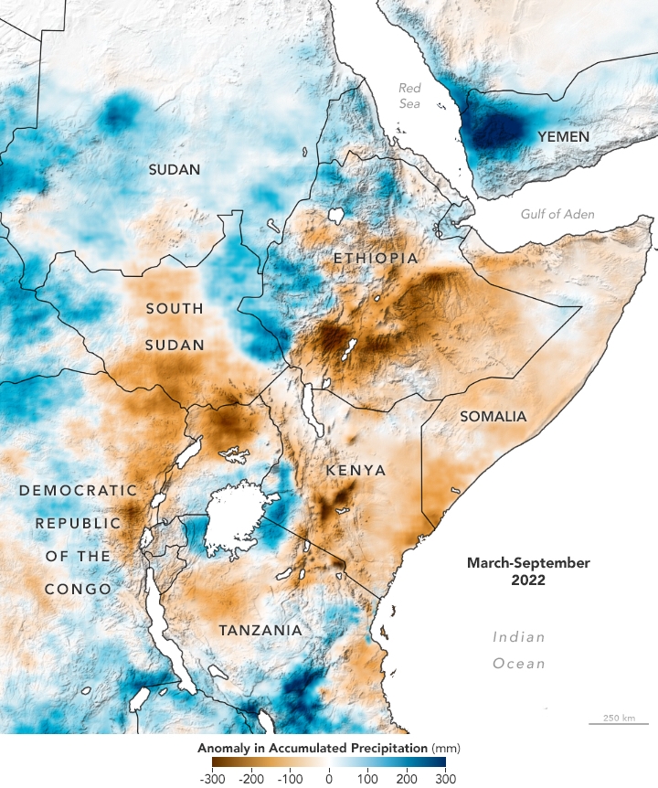 A map of anomalously low rainfall in the Eastern Horn of Africa
