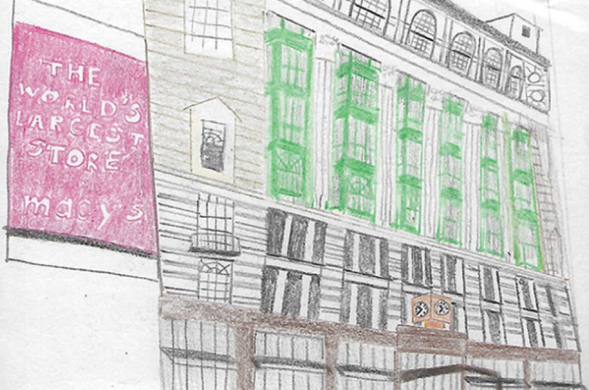 A pencil drawing of a Macy's store with pink, green and gray colors