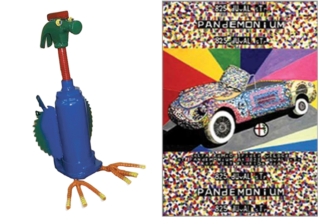 A hammer made to look like a chicken with a green head, left; an image of a bedazzled convertible, right