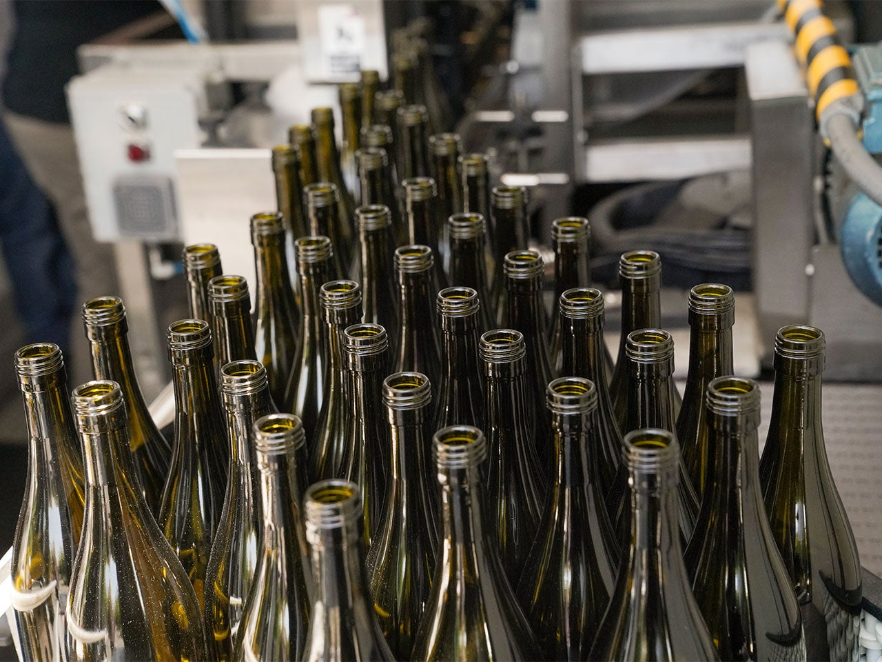 A large group of empty wine bottles on a conveyer belt