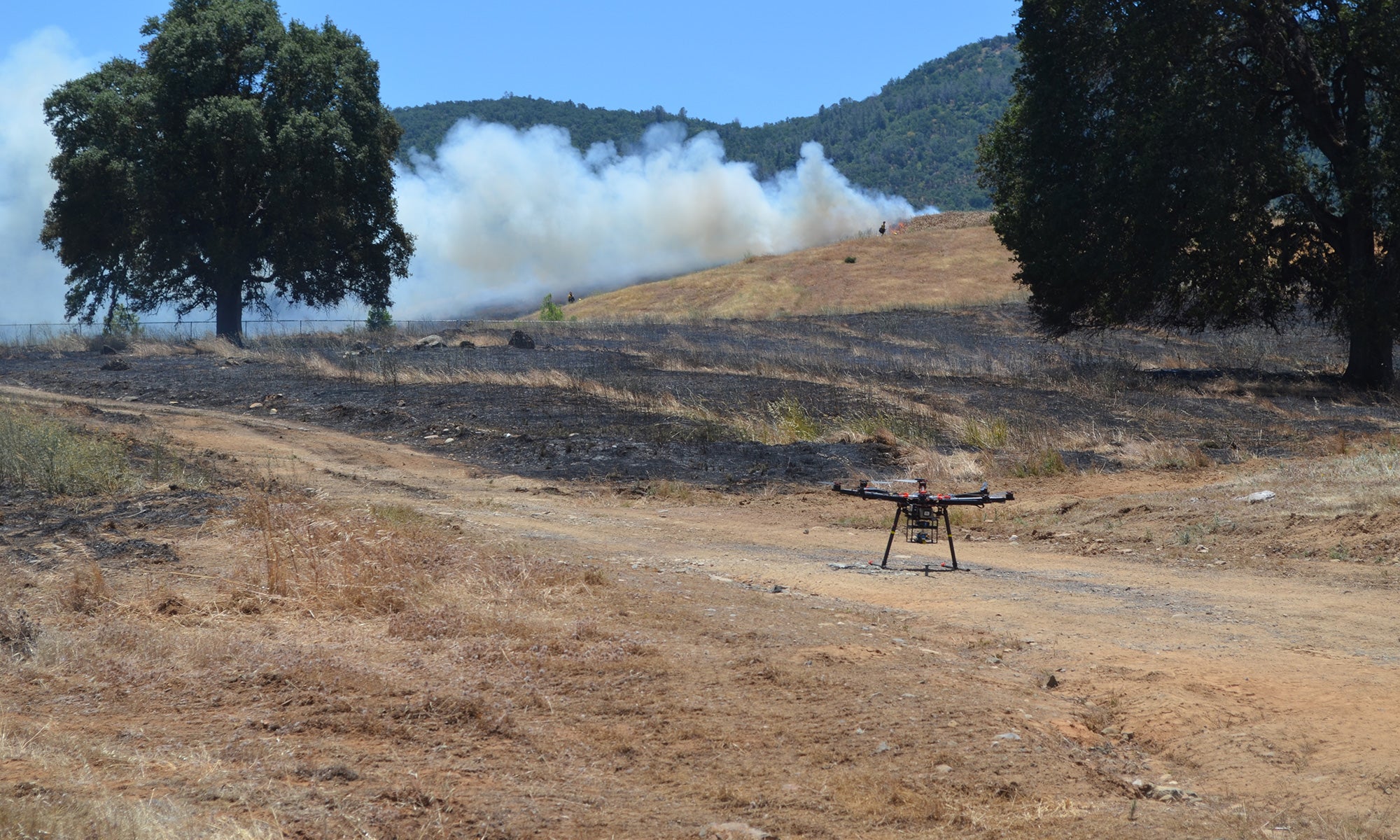 A controlled burn shows smoke in the background, trees in front of it, with a drone in the drive (a dirt road)