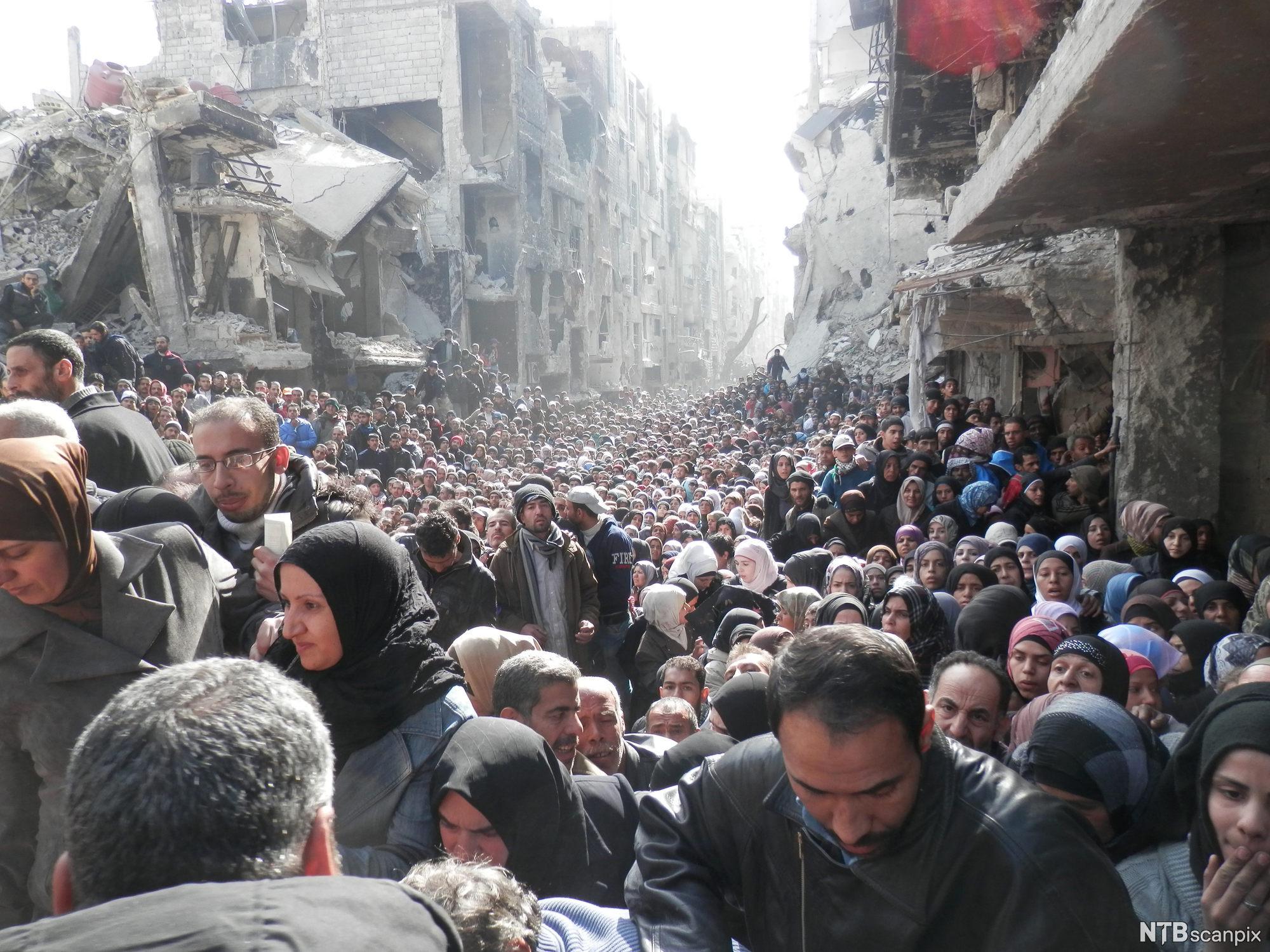 A very large crowd of Palestinian refugees massing in a street in a war-shattered district of the Syrian capital